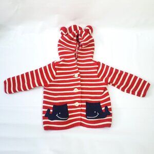 Baby Gap 6-12 Months Whale Pocket Red White Stripes Hooded Knit Sweater Jacket